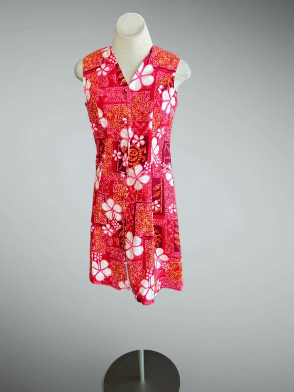 Penneys Hawaii Vintage Pink Floral Barkcloth Sleeveless Dress